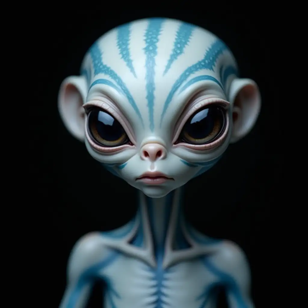 Alien with white, blue striped skin with suction cups portrait 75mm black background hdr