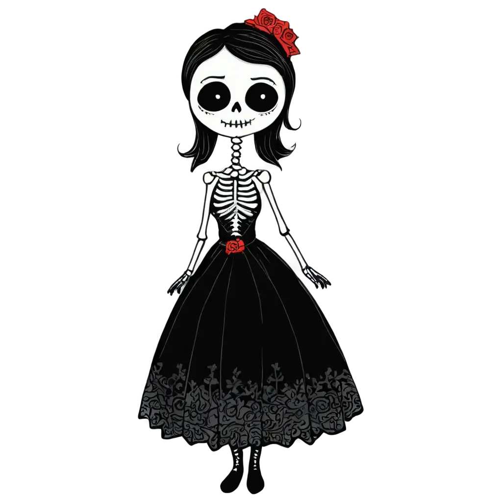 Cartoon-Style-PNG-Image-of-a-Girl-Skeleton-in-a-Black-Wedding-Dress