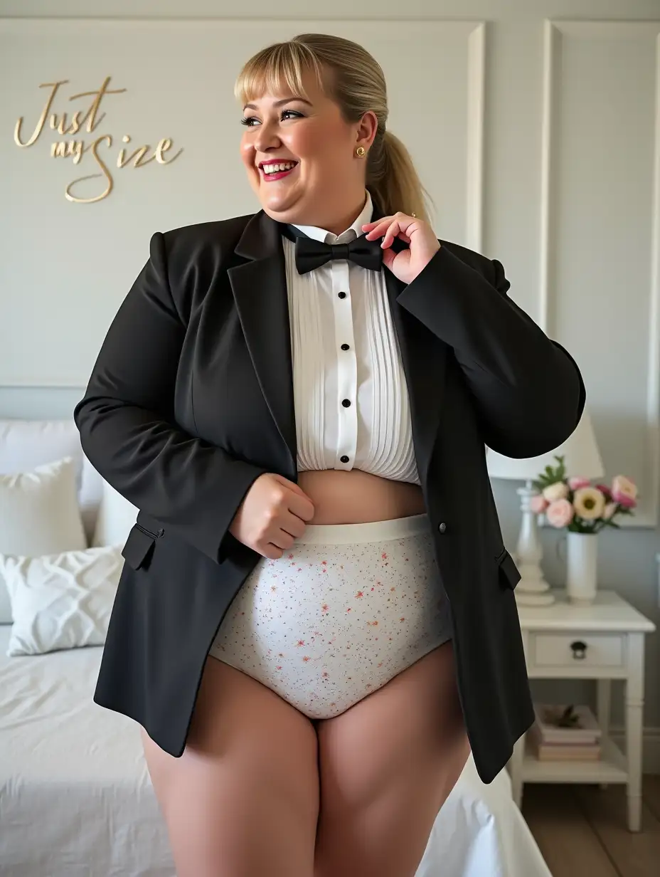 Plump-Caucasian-Woman-in-Formal-Orchestra-Tuxedo-with-MicroStar-Floral-Pattern-in-White-Bedroom