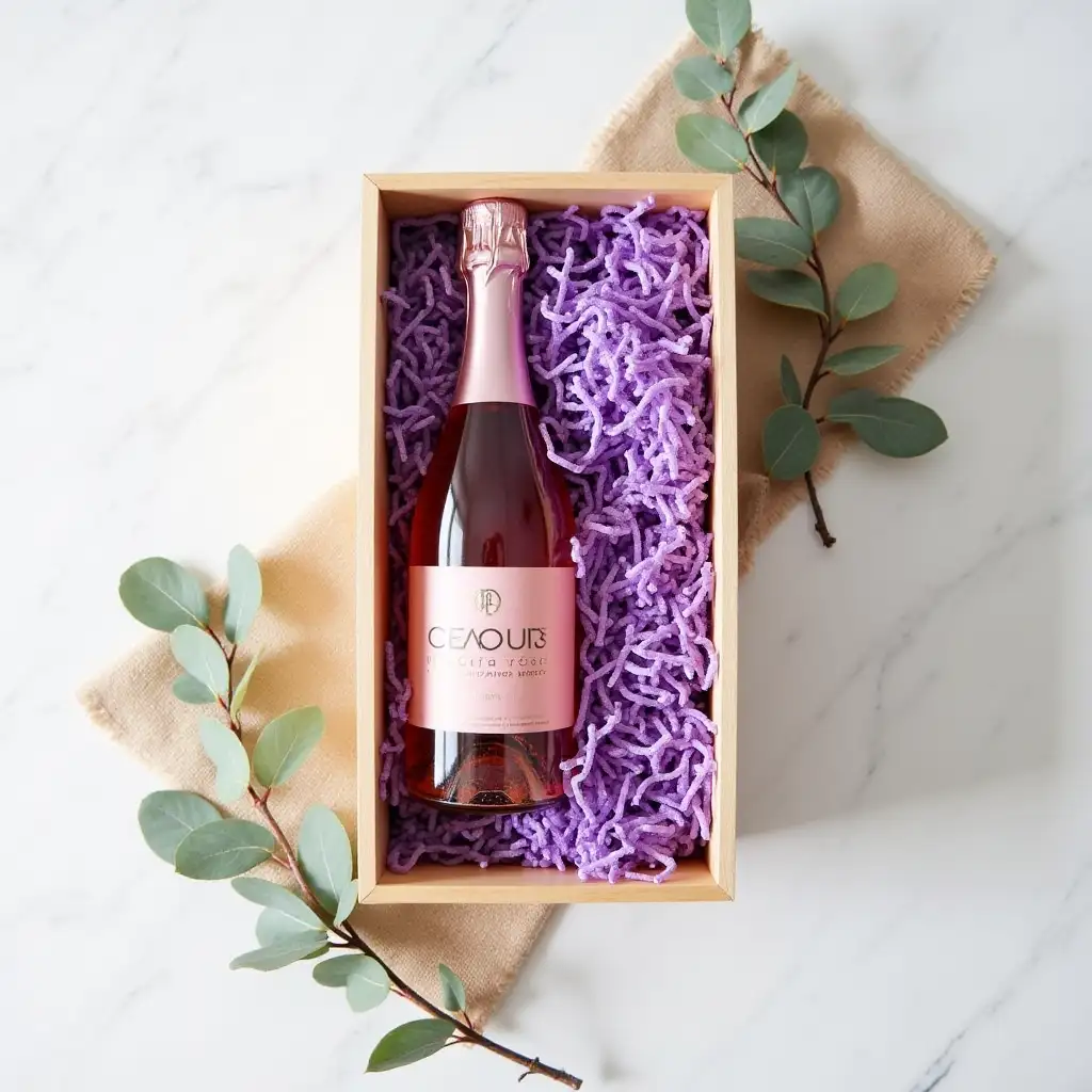 a high-resolution photo shows,A rectangular wooden gift - box lined with purple shredded paper is placed on a white marble surface. Inside the box, there is a bottle of pink champagne with a pink foil - wrapped cap. The label on the bottle reads 'Moscato Rose'. Surrounding the box, there are some light - green eucalyptus leaves and a piece of burlap fabric, adding a touch of natural elements to the scene. The overall lighting is soft, highlighting the texture of the shredded paper, the smooth surface of the bottle, and the details of the leaves.