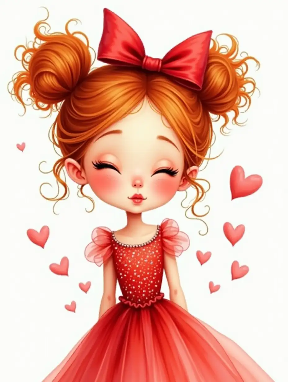 A caricatured, tender, funny girl in full growth, European appearance DreamWorks, reddish curls gathered in careless buns, drawing of eyelashes, closed eyes, rosy plump cheeks with freckles, giving an air kiss with plump lips. On her head is a large red bow, dressed in redlush airy dress with sequins, ink drawing, 4k, high detail photorealistic airy realistic watercolor, photorealism, wide strokes,