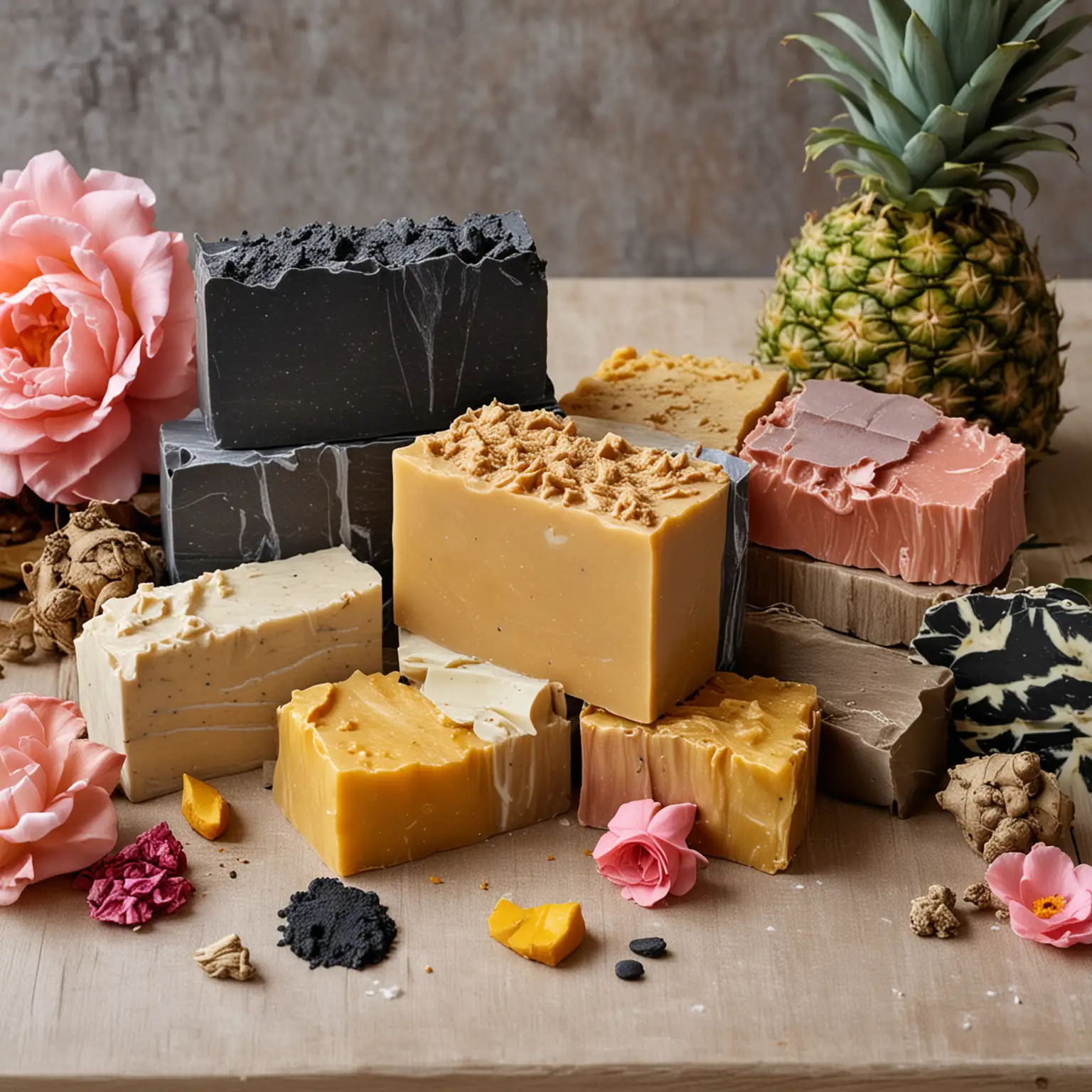 Luxurious Handmade Soaps Display with Turmeric Charcoal Rose Clay and Pineapple Extract