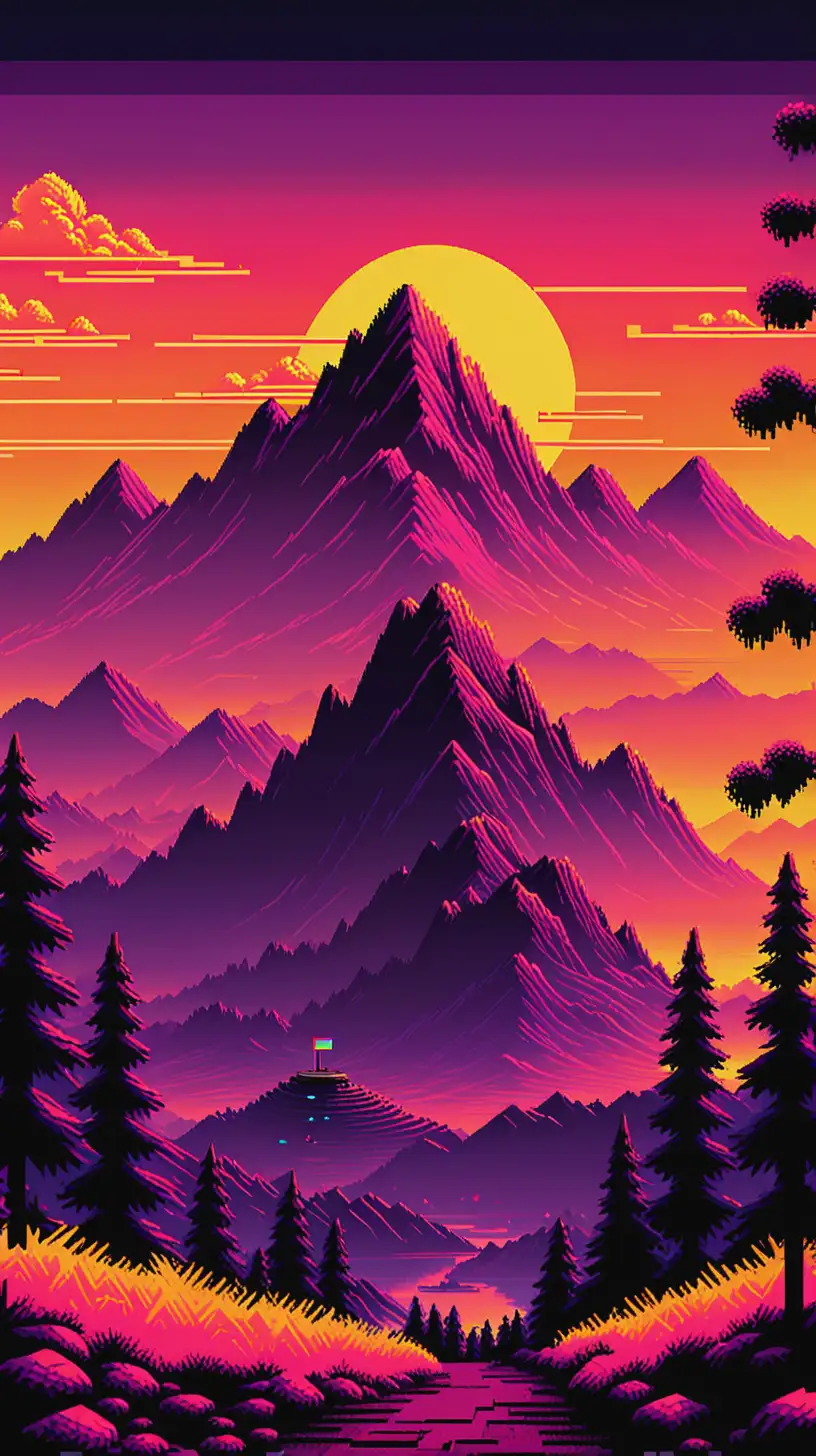 Pixelated Atari Style Mountain Sunset Landscape