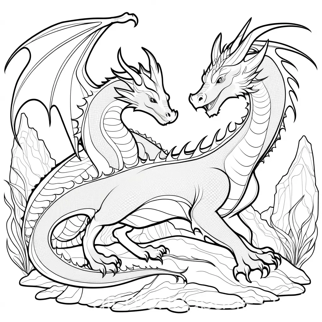 World of Dragons, Coloring Page, black and white, line art, white background, Simplicity, Ample White Space. The background of the coloring page is plain white to make it easy for young children to color within the lines. The outlines of all the subjects are easy to distinguish, making it simple for kids to color without too much difficulty