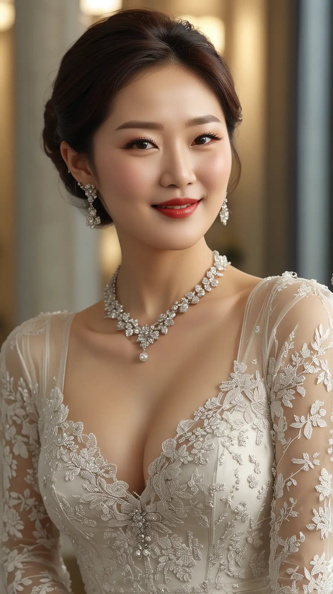 Elegant-Korean-Woman-in-Lace-Dress-with-Jewelry-in-Luxurious-Hall