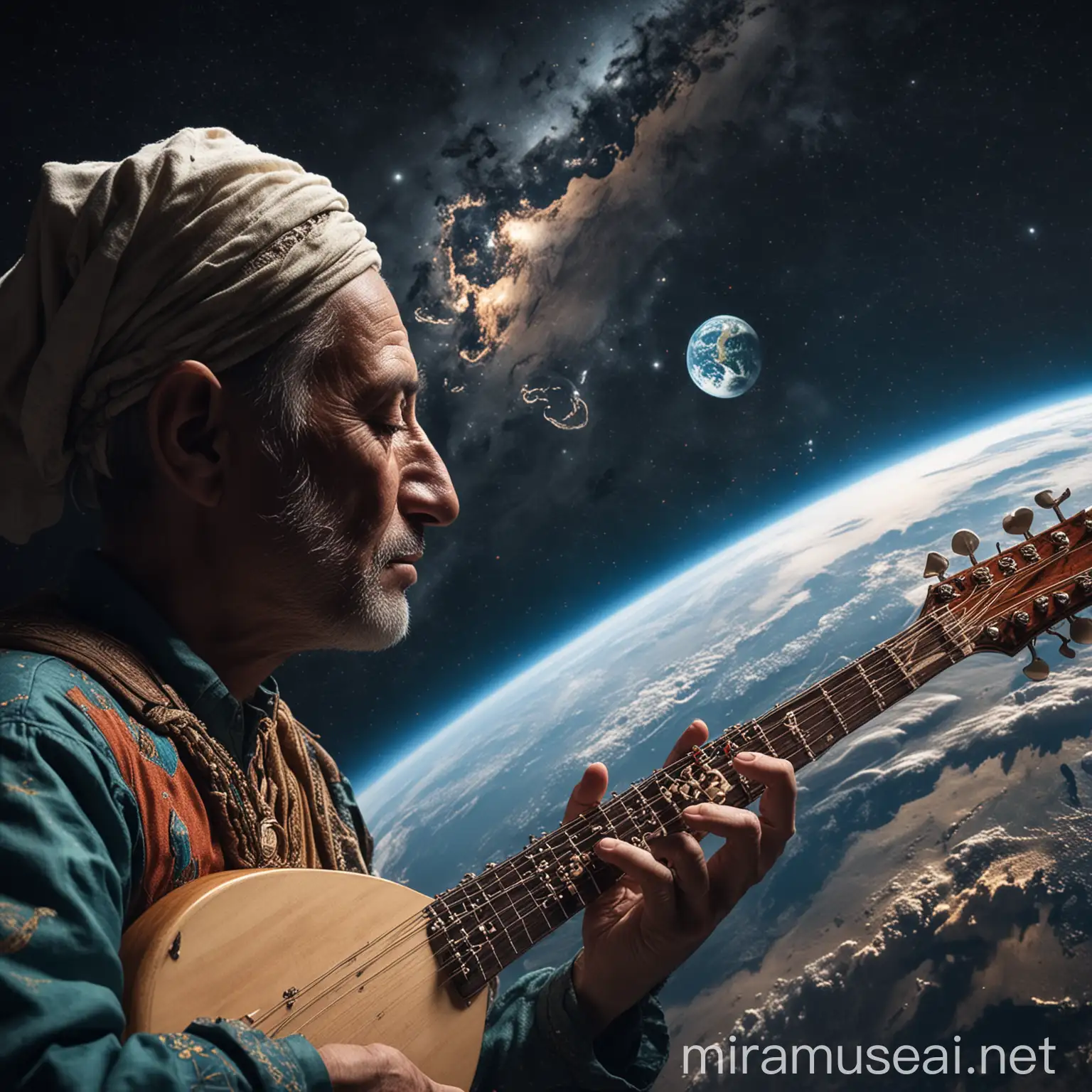 Person Playing Saz and Contemplating Earth from Space