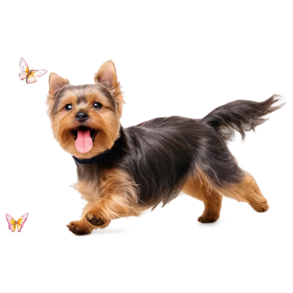 A Yorkshire Terrier with its tongue out is chasing butterflies.