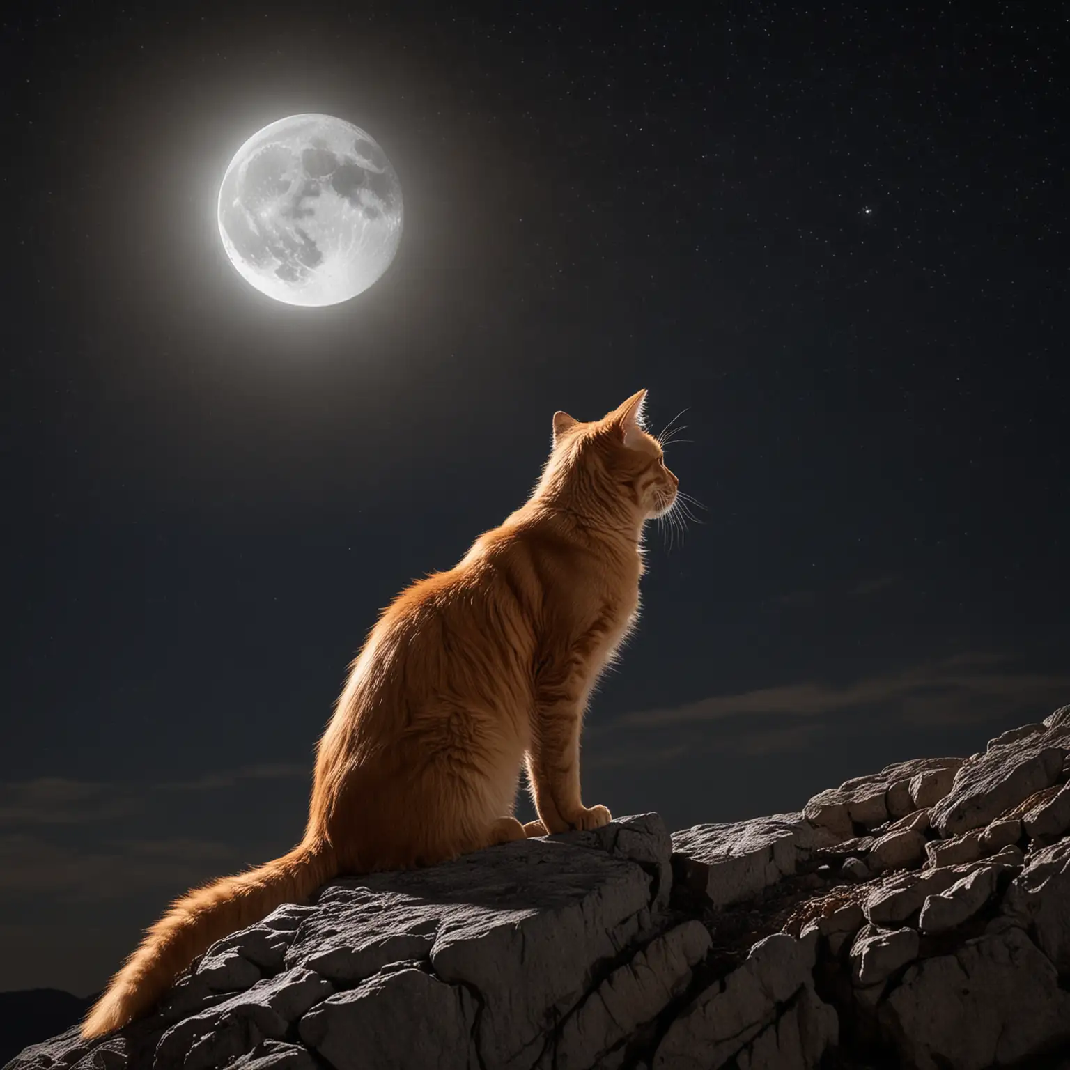 A captivating photo of a orange cat Retriever sitting on a rocky cliff, gazing up at the moon. The night sky is filled with stars, and the silhouette of the cat is accentuated by the contrast between the dark sky and the light of the moon. The atmosphere is serene and peaceful, with the cat's eyes reflecting the tranquility of the scene.