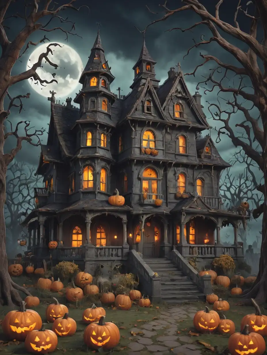 Spooky Halloween Word Search Book Cover with Haunted House Pumpkins and Trees