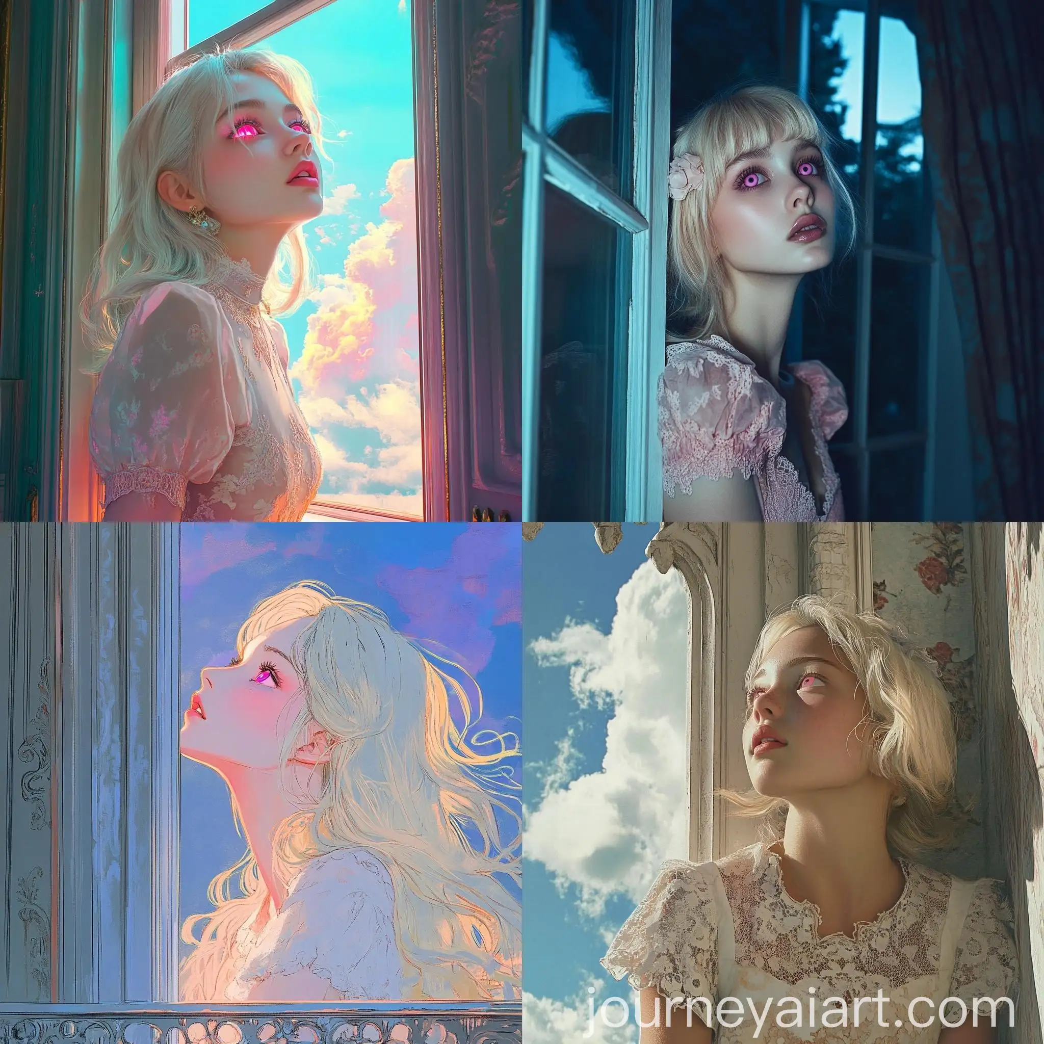 Whimsical-Blonde-Girl-in-90s-Mansion-Gazing-Nostalgically-Through-Window