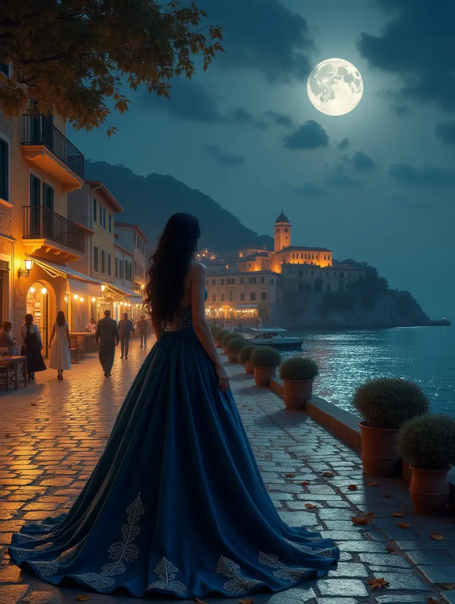 Elegant-Woman-Gazing-at-the-Moon-in-an-Italian-Autumn-Port-City
