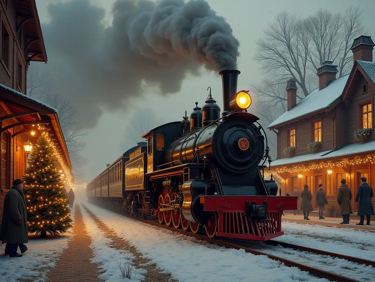 Detailed hyperrealistic portrait a year steam locomotives from the year on  February 1804 at station,houses,decorated Christmas tree,lanterns and people elaborately detailed, colorful