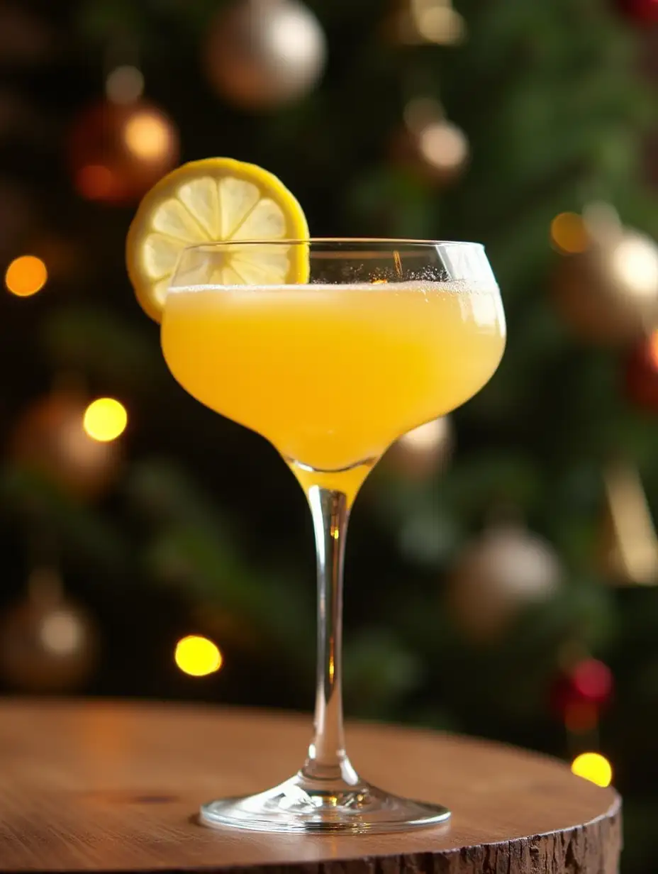 Lemonchello cocktail in a beautiful glass in front of a christmas tree