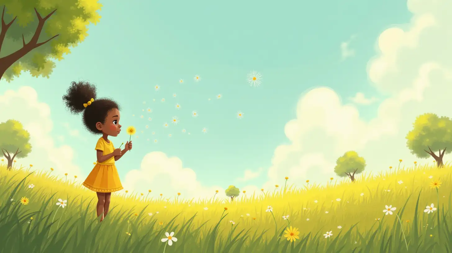 Whimsical Illustration of a Young African American Girl in a Grass Field with Dandelions