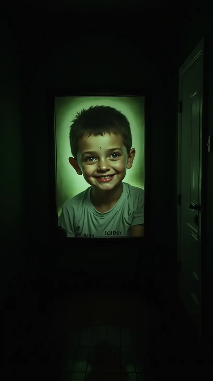 Eerie Crying Boy Painting with Sinister Glow in Dark Room