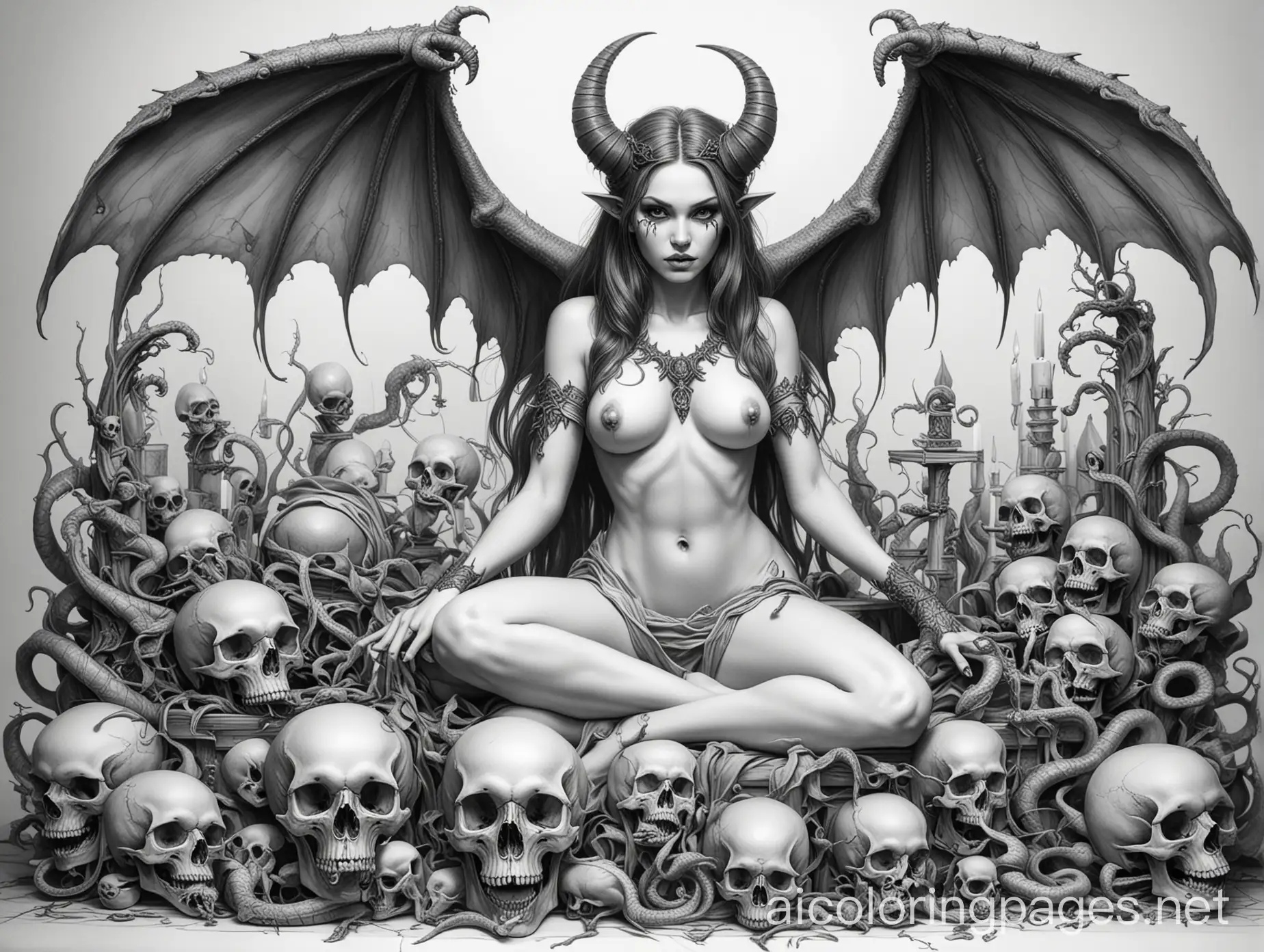 Line art, black and white, on white background, highly detailed, succubus sitting on altar holding a skull, surrounded by spiders and snakes., Coloring Page, black and white, line art, white background, Simplicity, Ample White Space. The background of the coloring page is plain white to make it easy for young children to color within the lines. The outlines of all the subjects are easy to distinguish, making it simple for kids to color without too much difficulty