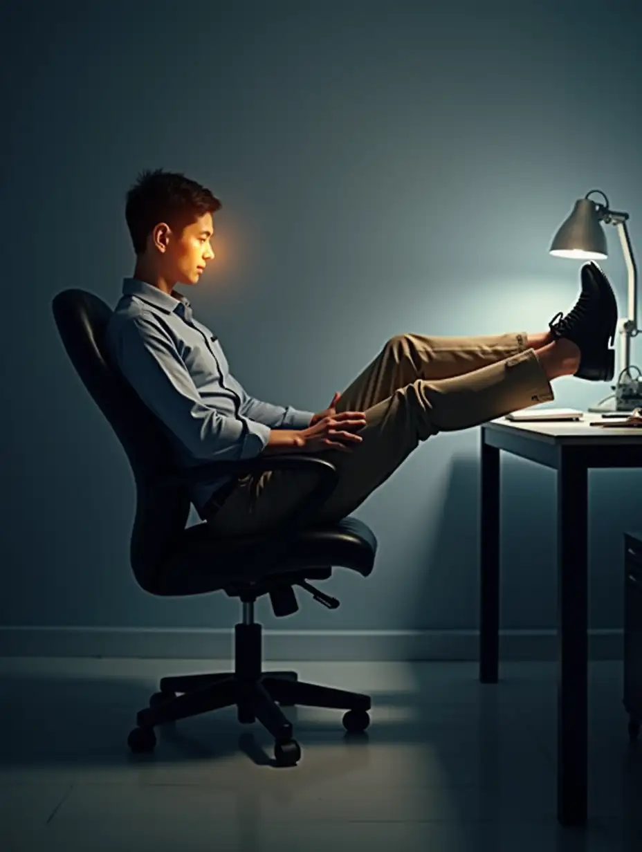 A professional in business attire lifting legs under a desk, with a subtle glowing overlay emphasizing core engagement.