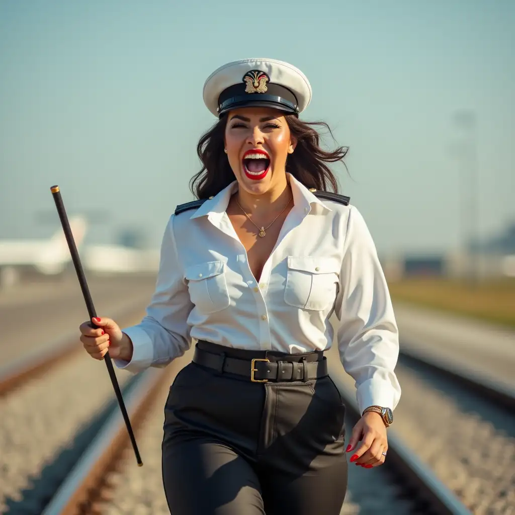 screaming curvy pilot lady , in white unbuttoned airport security shirt, laughing with her mouth open, red lipstick accentuating her smile,belt on waist, jewerly, white skin, HD, holds long riding crop, photo-realism, walking on rails