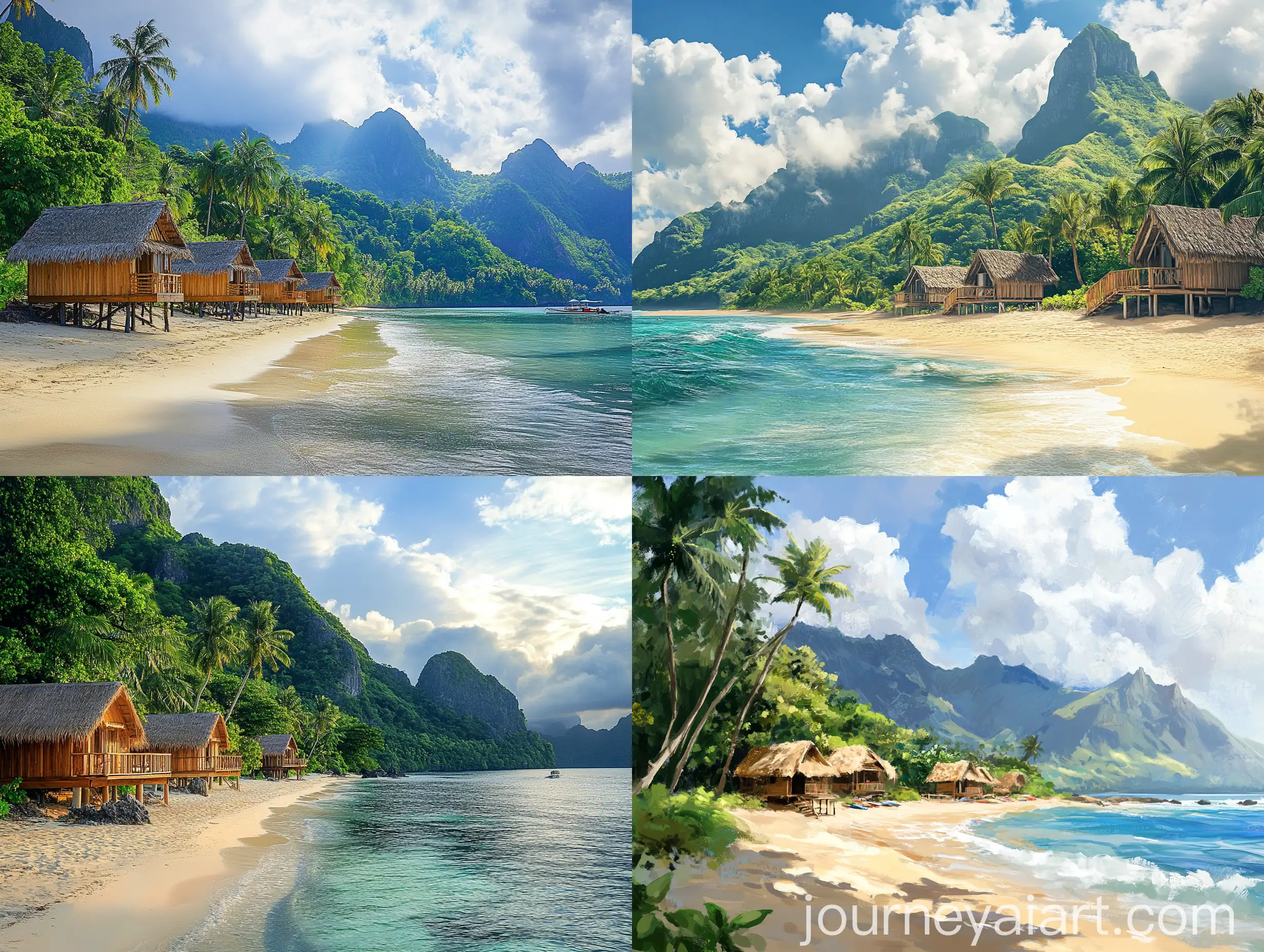Scenic-Beach-with-Huts-Mountains-and-Trees-on-a-Sunny-Day
