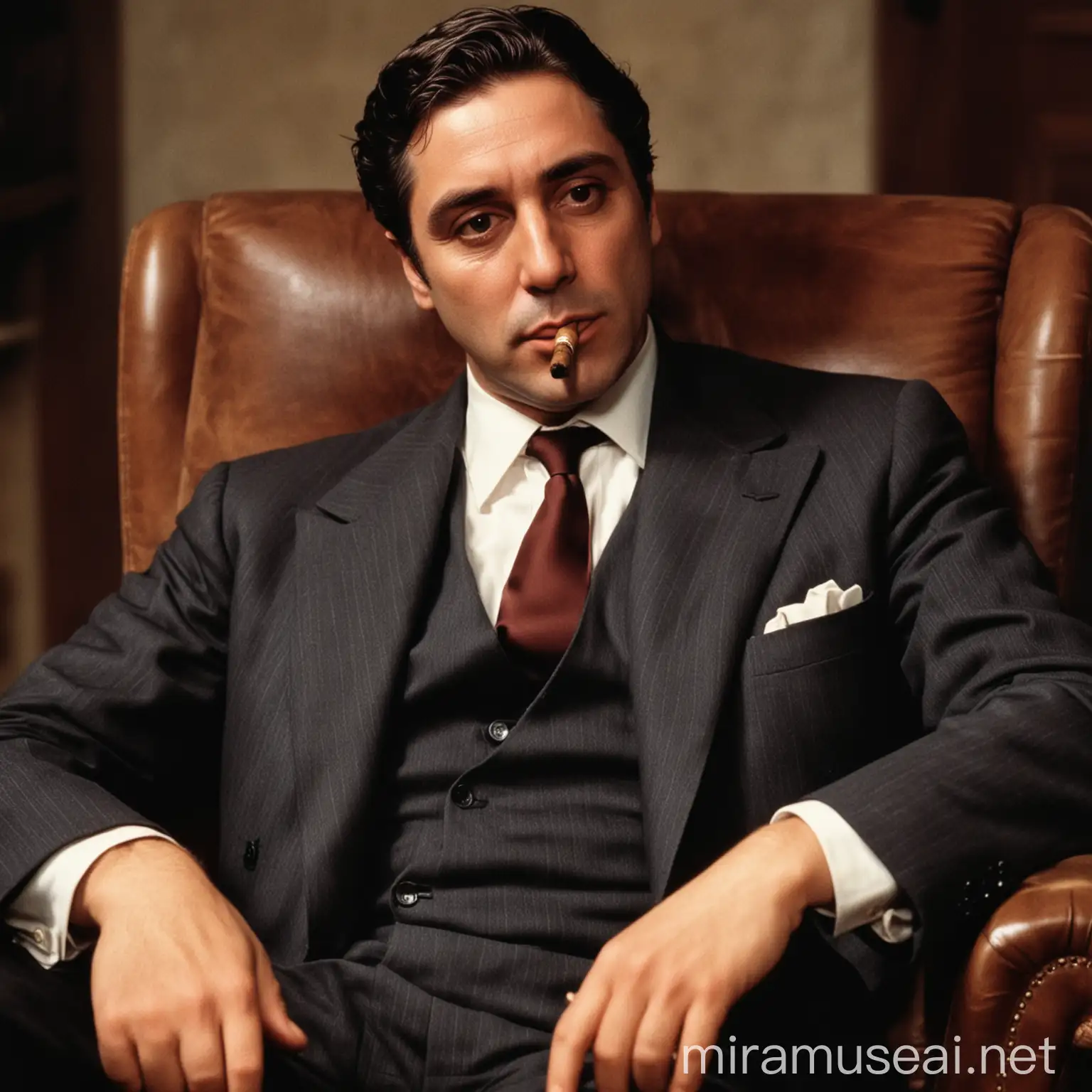 Michael Corleone Sitting with a Cigar in Dramatic Film Noir Style