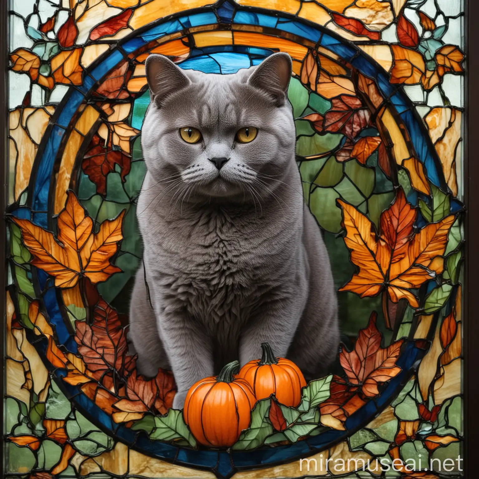 A seven-year-old cat, blue British Shorthair, sits behind Pumpkin and Fall Leaves in Stained Glass Design