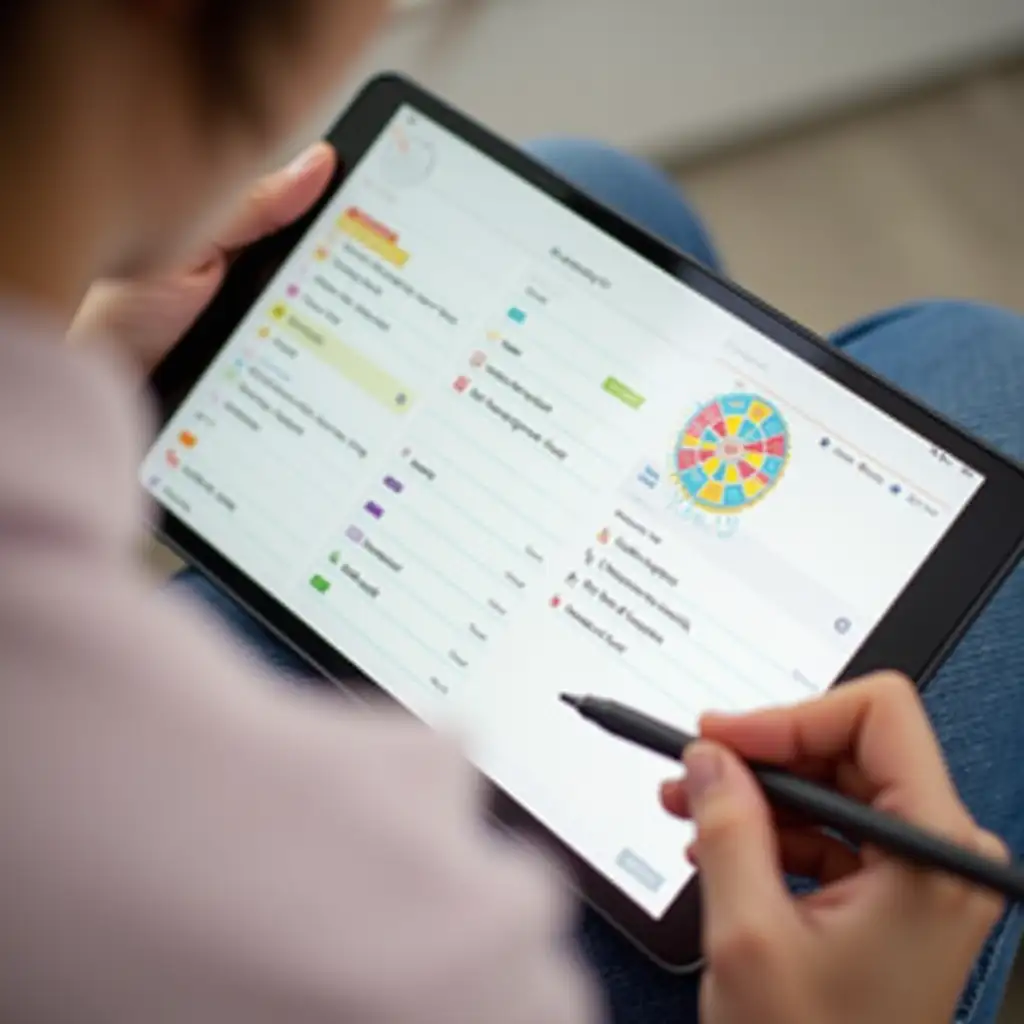 A close-up of a person using a stylus on a tablet, writing in a digital planner. The screen shows tasks, goal tracking, and a colorful sticker.