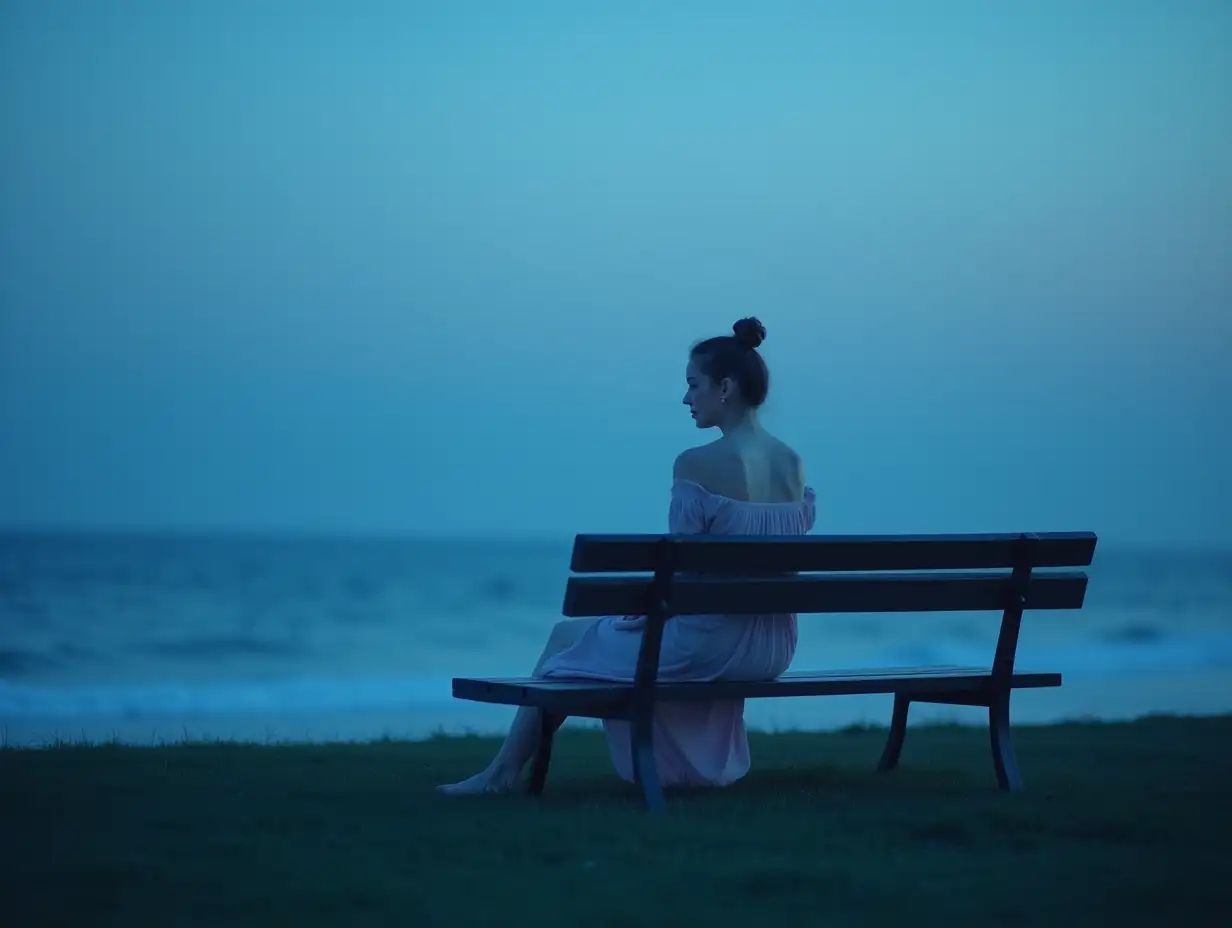 Young-Woman-in-Nightgown-Contemplating-Ocean-at-Dawn