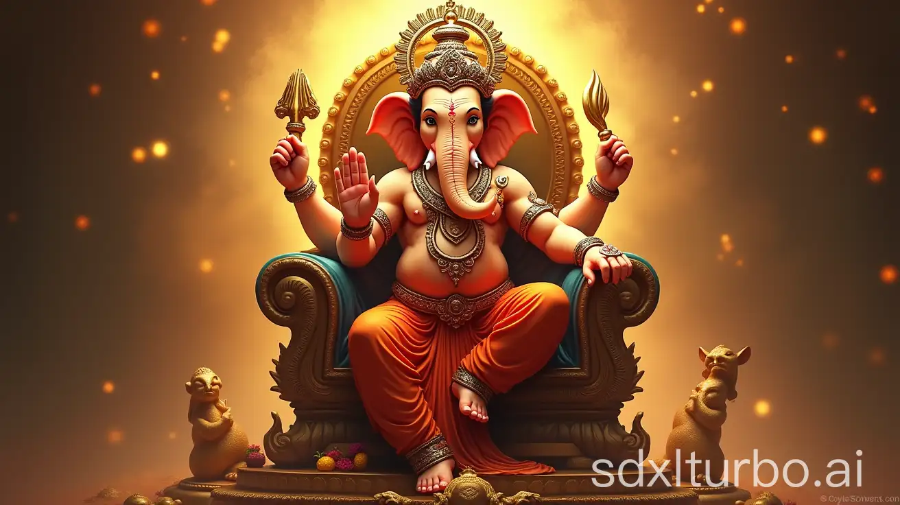 A majestic image of Lord Ganesha with his elephant head, surrounded by divine symbols of strength and power, seated on a golden throne, exuding grandeur.