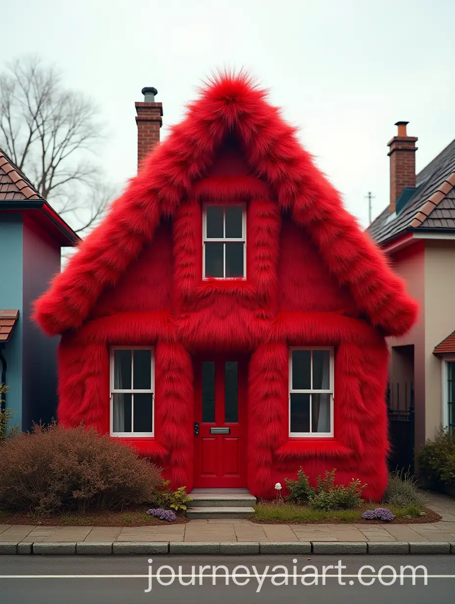 UltraRealistic-Row-of-Houses-with-One-Covered-in-Vibrant-Red-Fur