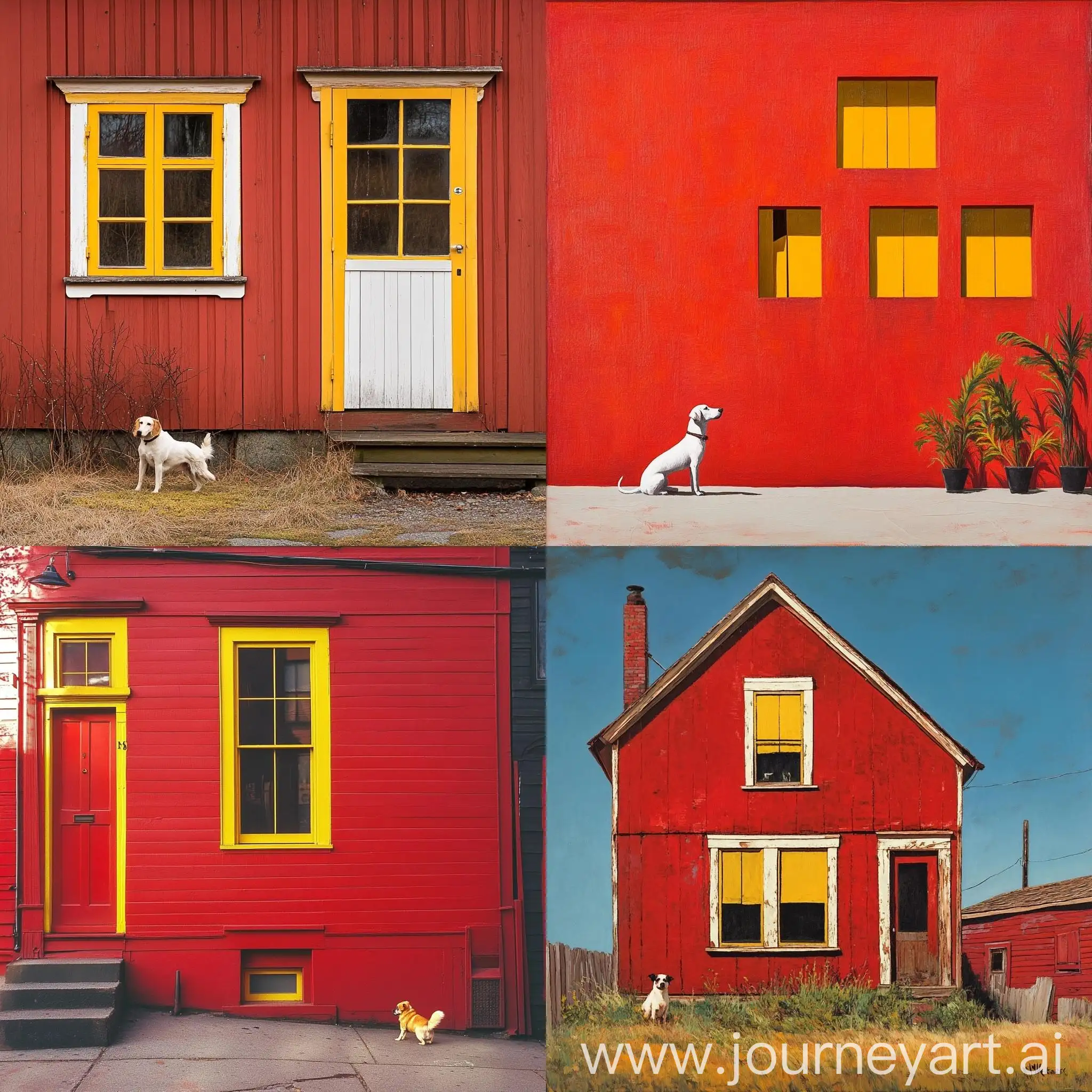 Cozy-Red-House-with-Yellow-Windows-and-a-Playful-Dog