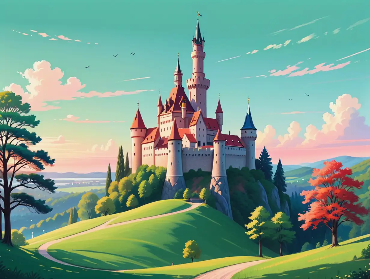 Pastel-Vector-Illustration-of-a-European-Castle-Surrounded-by-Nature