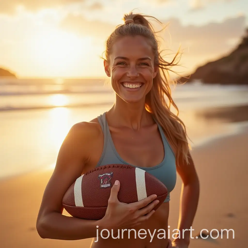 Sporty-Blonde-Woman-Holding-Football-at-Byron-Bay-Beach-During-Sunset