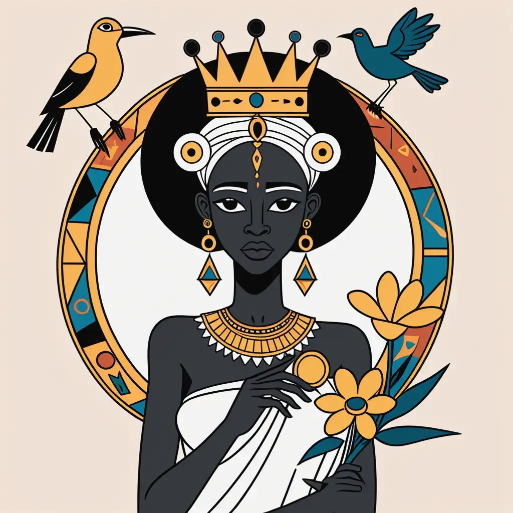 Ancient-Nubian-Queen-with-Hovering-Crown-and-Flying-Bird-in-Picasso-and-Basquiat-Style