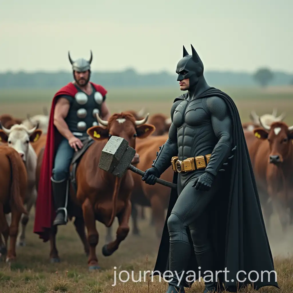 Superhero-Batman-Herding-Cows-with-Thors-Hammer