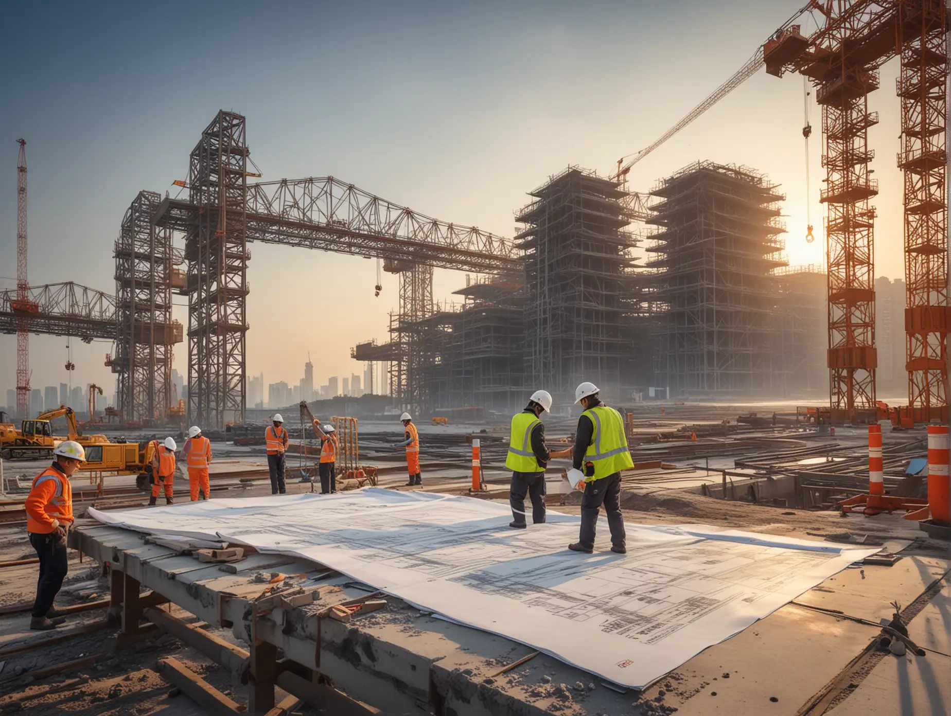 Hyperreal, high-definition, modern infrastructure construction site, workers wearing safety helmets constructing, Chinese engineers checking blueprints on the site, huge bridges, steel structures, tower cranes, concrete pouring, machines operating, evening sun reflection, cinematic composition, HDR rendering, dynamic pictures, National Geographic photography style, workers' reflective vests with the logo of China Communications Construction Company, clothes printed with letters cccc