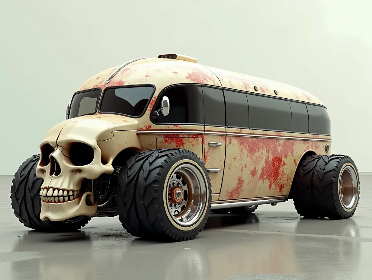 Supermodern utopian sports bus lowered body with skull, aluminum wheels, wide cream tires, cream red, black cyberpunk