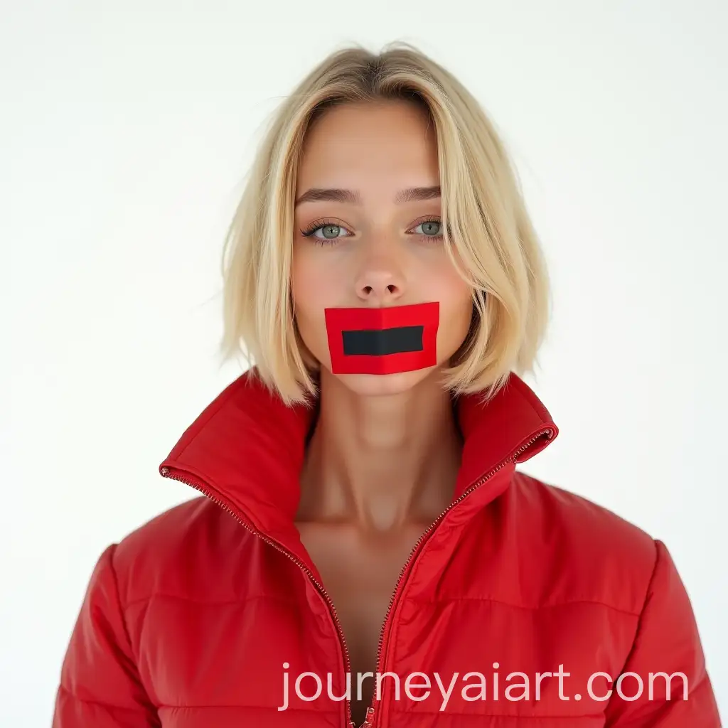 Caucasian-Woman-Model-with-Taped-Mouth-in-Red-Jacket