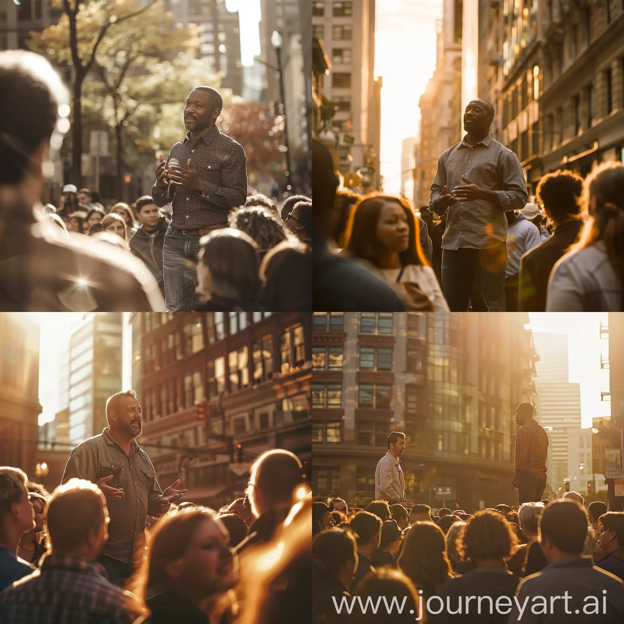 Urban-Pastor-Preaching-to-Crowd-in-Golden-Hour-Light