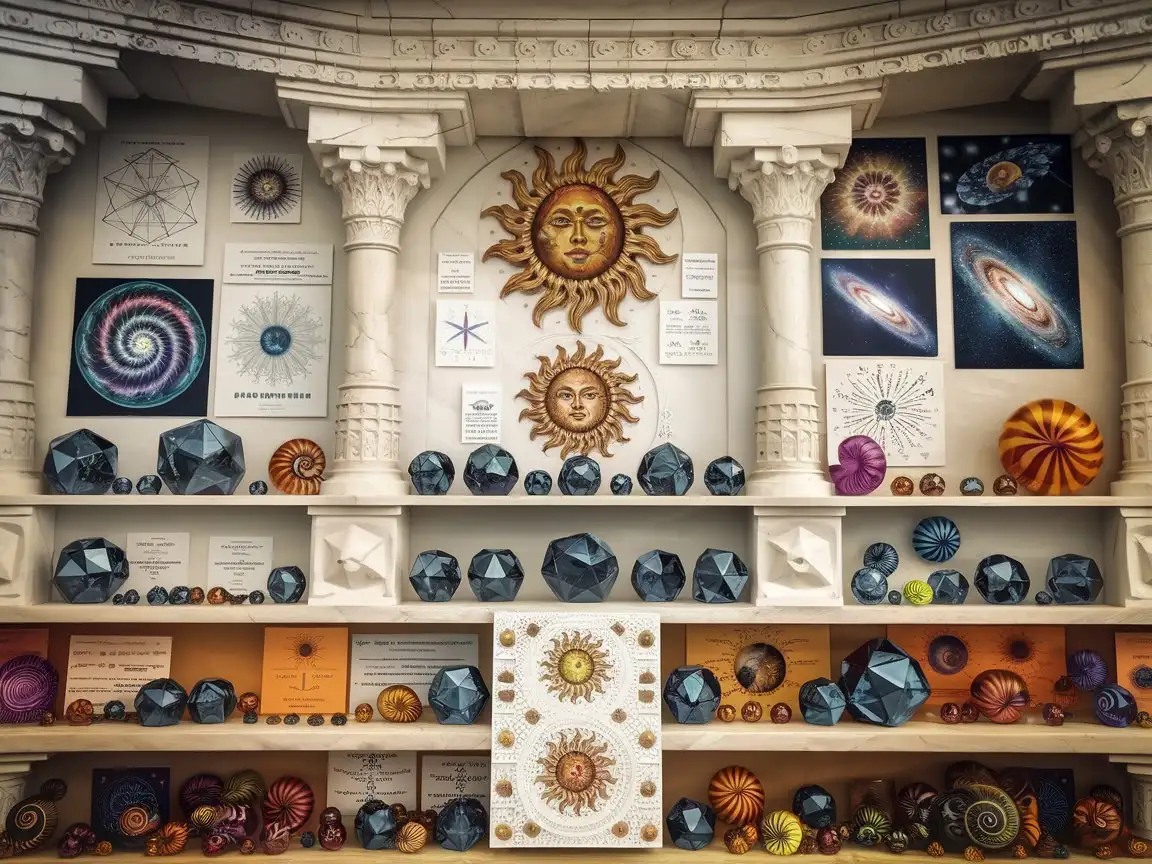 a carved white stone hall with carved pillars altar with sun mandalas, many glassy polyhedra on shelves, colorful spiraling seashells, papers and posters with mandalas et formulas, pictures of fractals, galaxie and starry sky in the background, off white and warm colors, high precision, low saturation