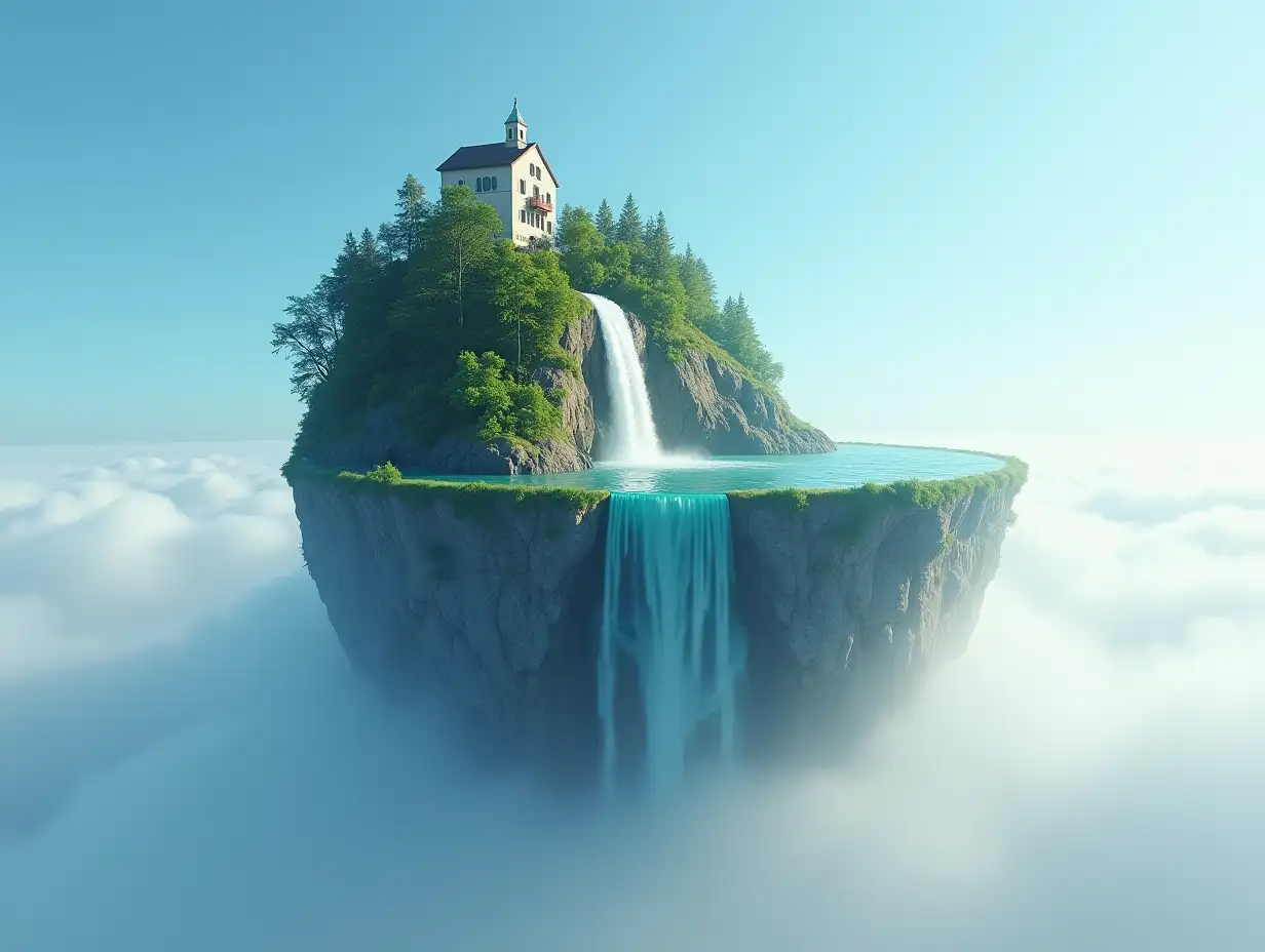 Create a globe with a building, forest and waterfall coming out of its upper half and a blue sky with fog