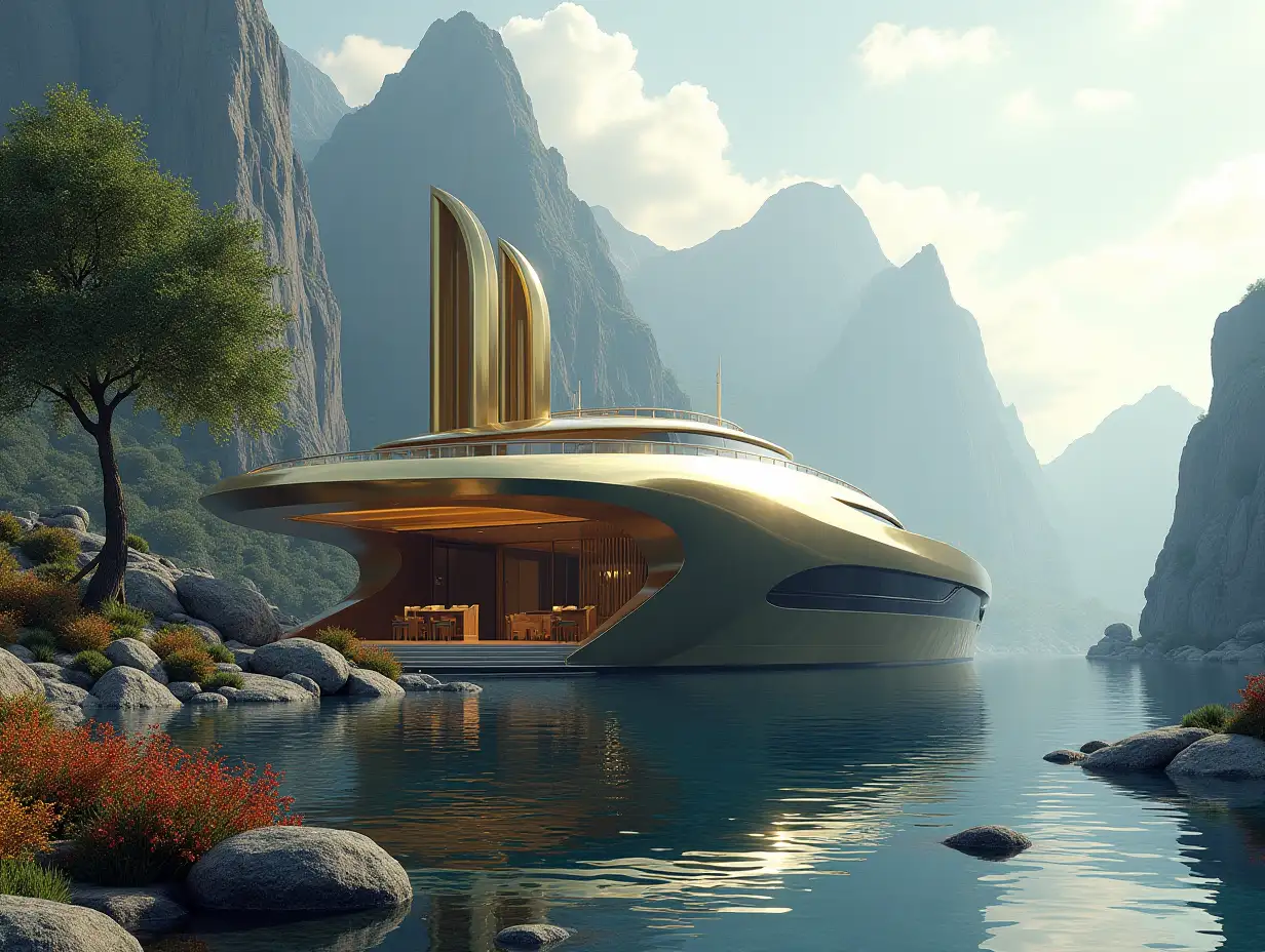 Create a high-resolution realistic image in 4k resolution of a futuristic gold and black building with curved columns, mountains with big trees, rocks, flowers, a futuristic very large yacht with glass deck and cloudy sky