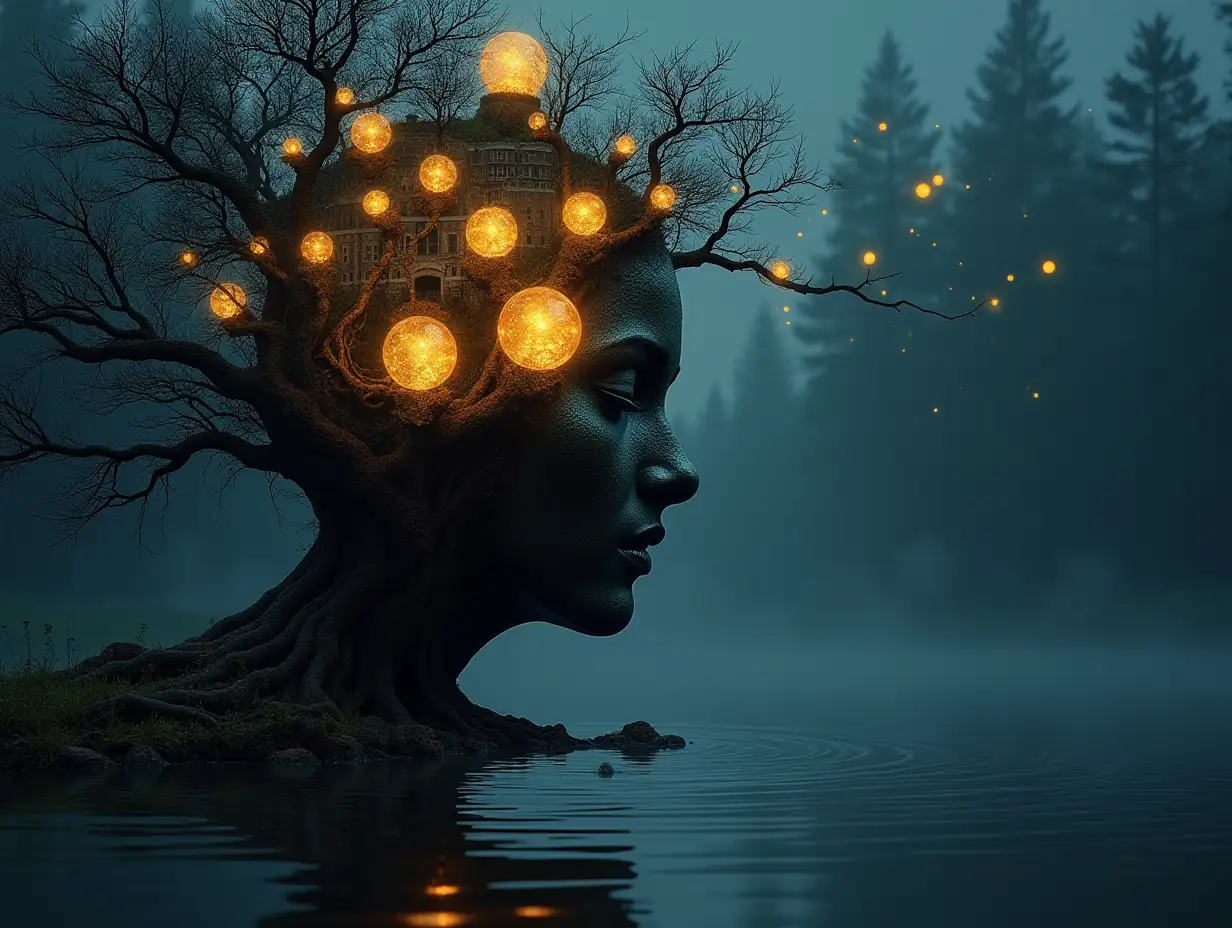 Face with hair transformed into a building with glass glowing balls and roots Lit up on a tree with lake