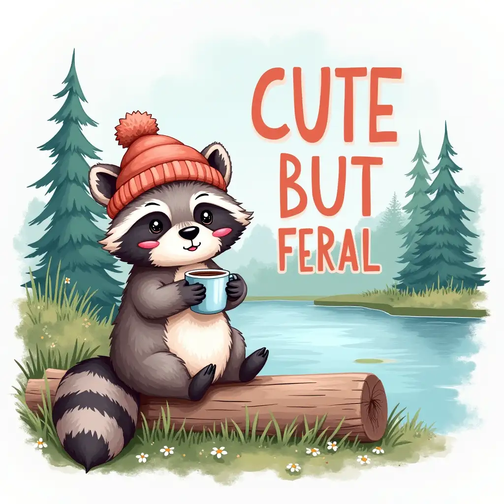 Vector, Watercolor art. Create a whimsical, nature-themed graphic featuring a cute raccoon wearing a beanie and holding a cup of coffee. The raccoon should be sitting on a log by a lake, surrounded by pine trees. The text 'CUTE BUT FERAL' should be prominently displayed in bold neon, contrasting colors, with a playful, handwritten style. The overall style should be lighthearted and fun, with a focus on the cuteness of the raccoon and the beauty of nature.