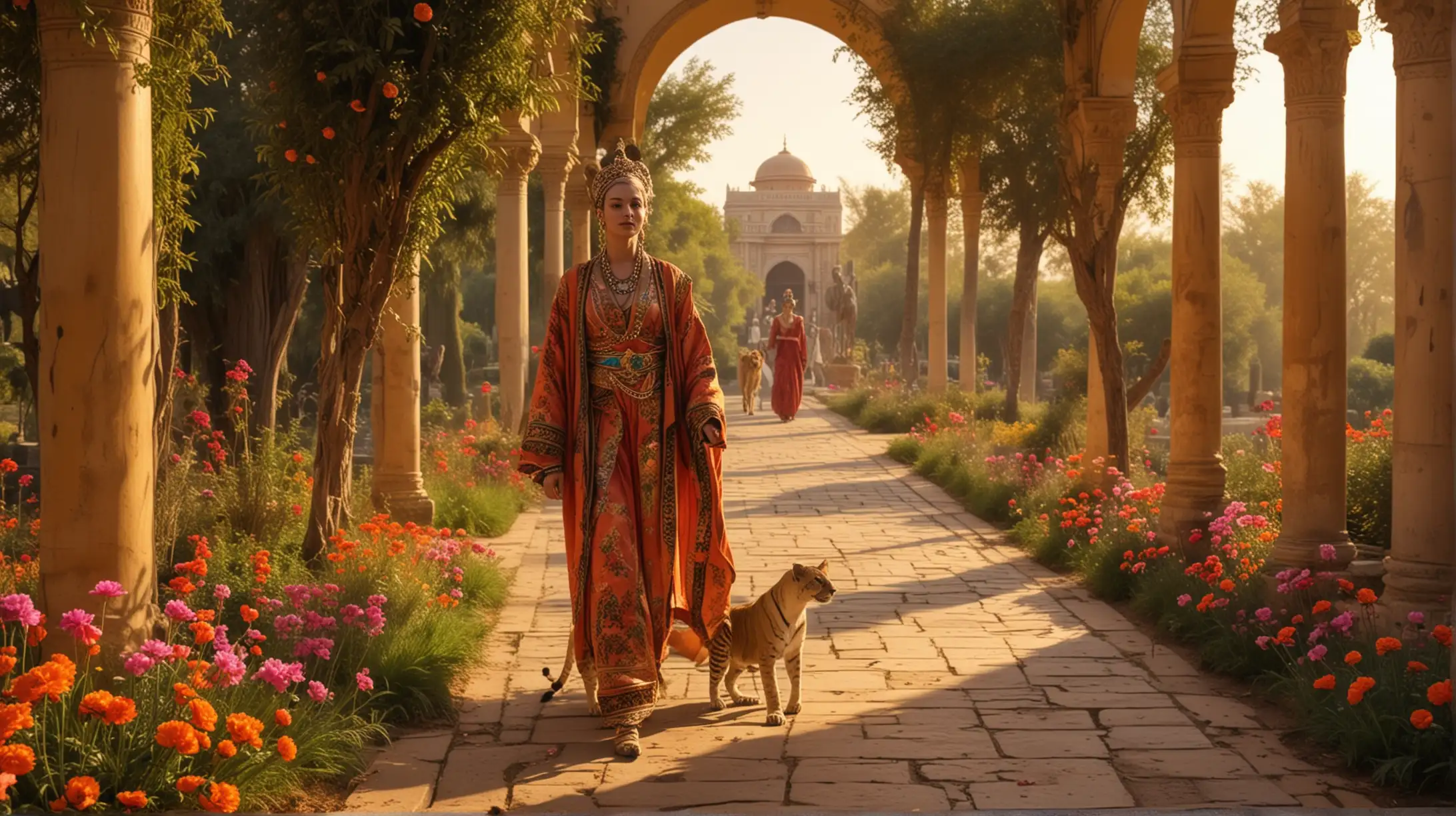 Queen of Sheba and King Solomon Strolling in a Vibrant Palace Garden