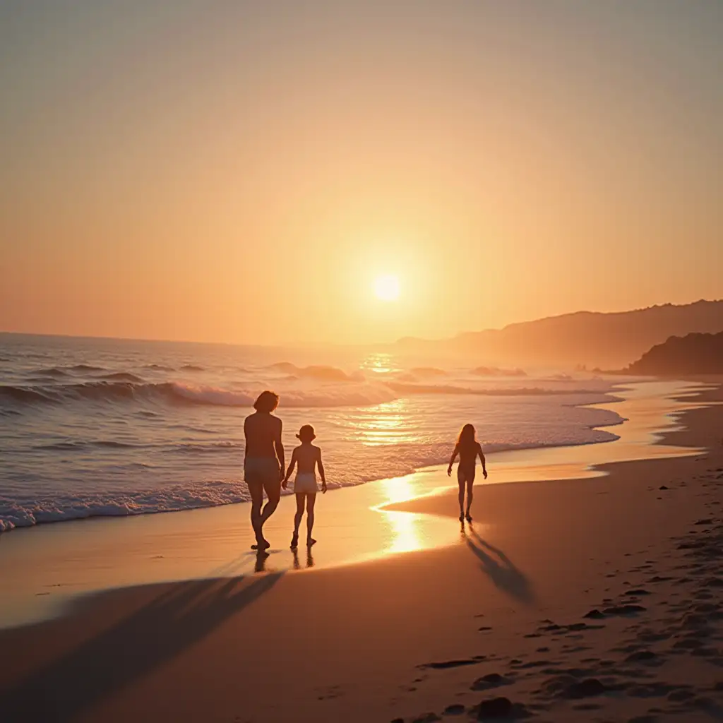 Create image of people enjoying the beauty of beach in the evening