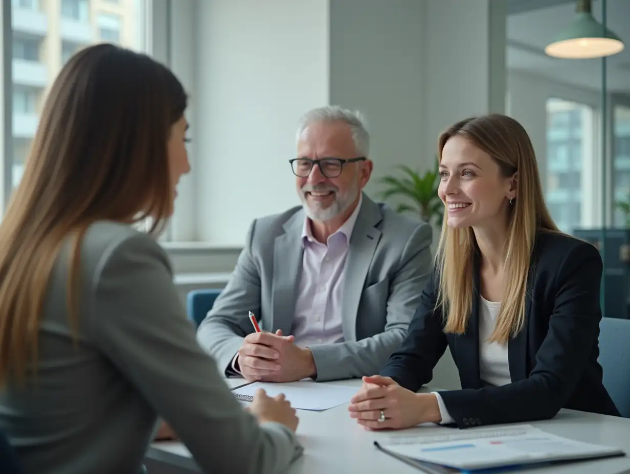 Two employers interview a candidate for a job. The candidate is facing the employers.