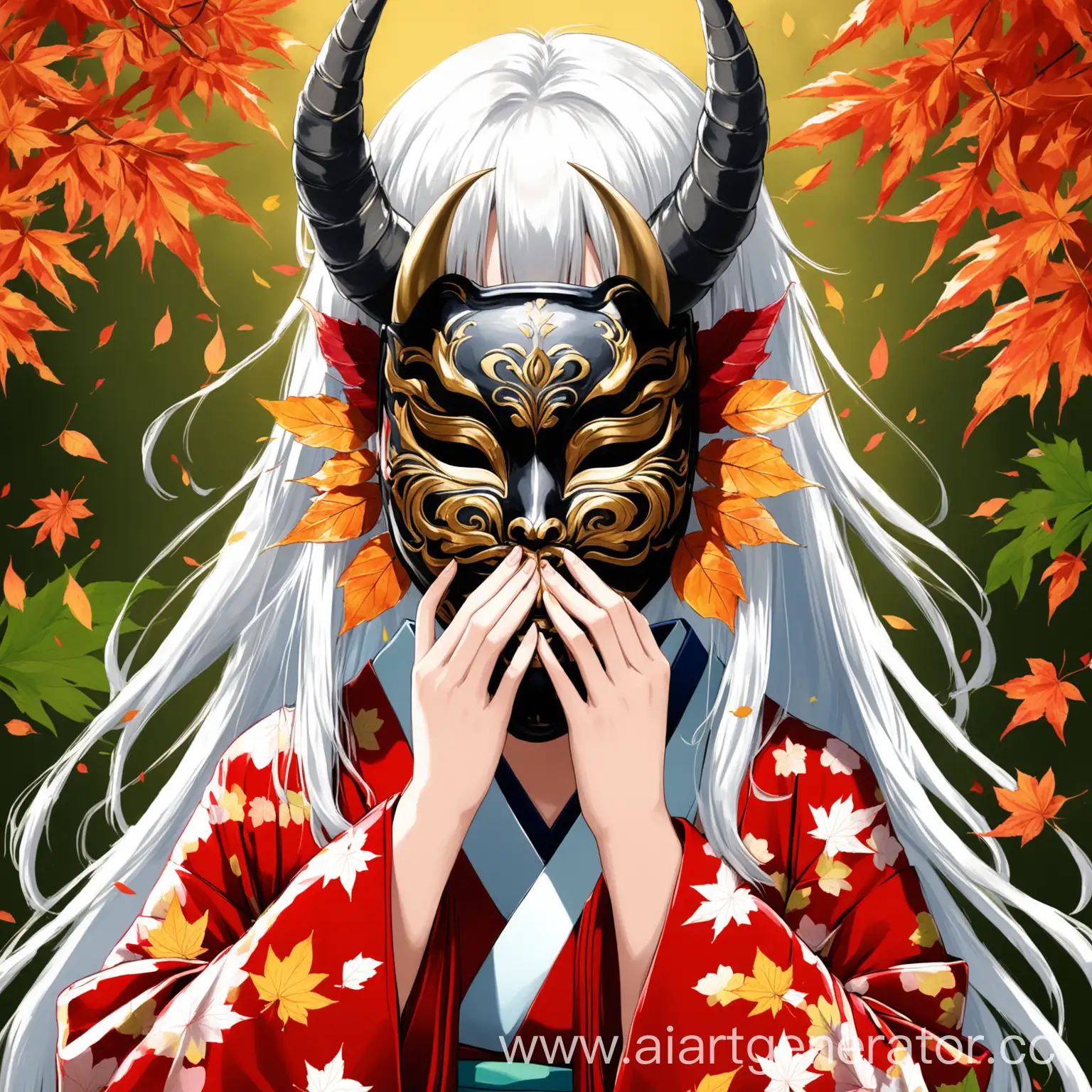 Japanese-Kimono-Girl-with-Horned-Mask-and-White-Hair