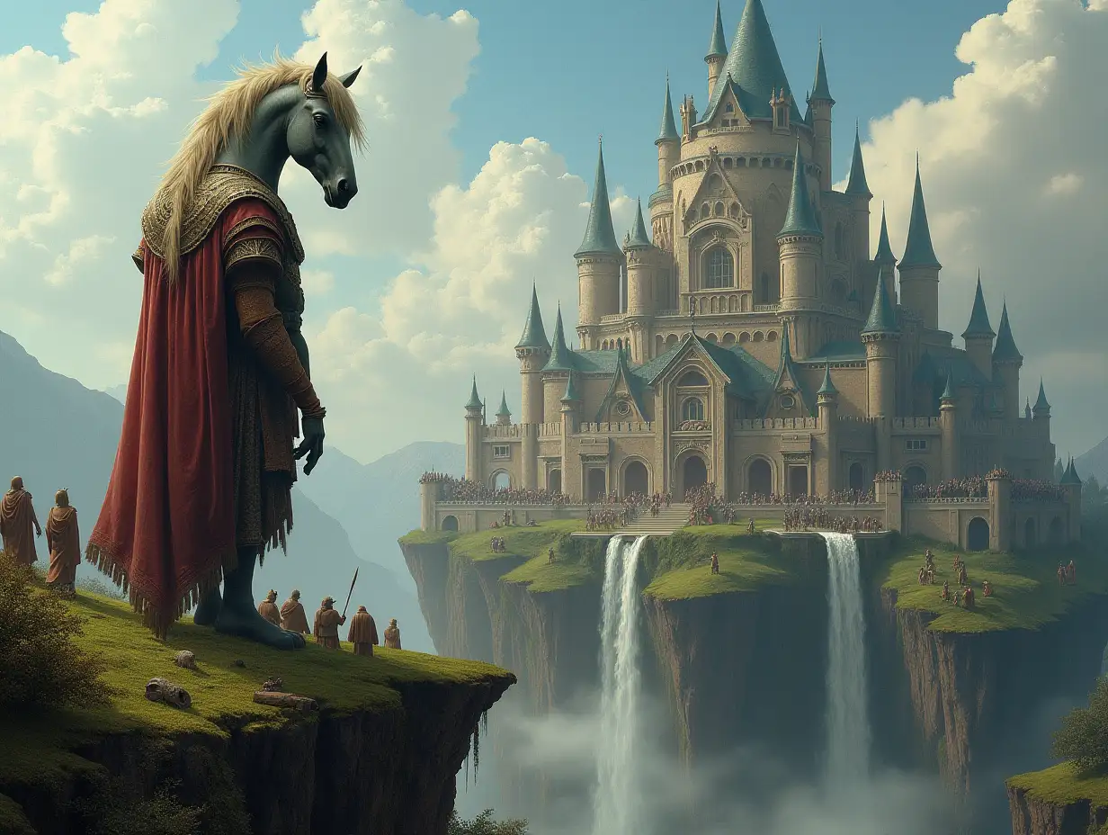 ultradetailed hyperrealistic portrait of a giant with a horse head standing on a cliff covered with moss before a palace with many people elaborately detailed, colorful