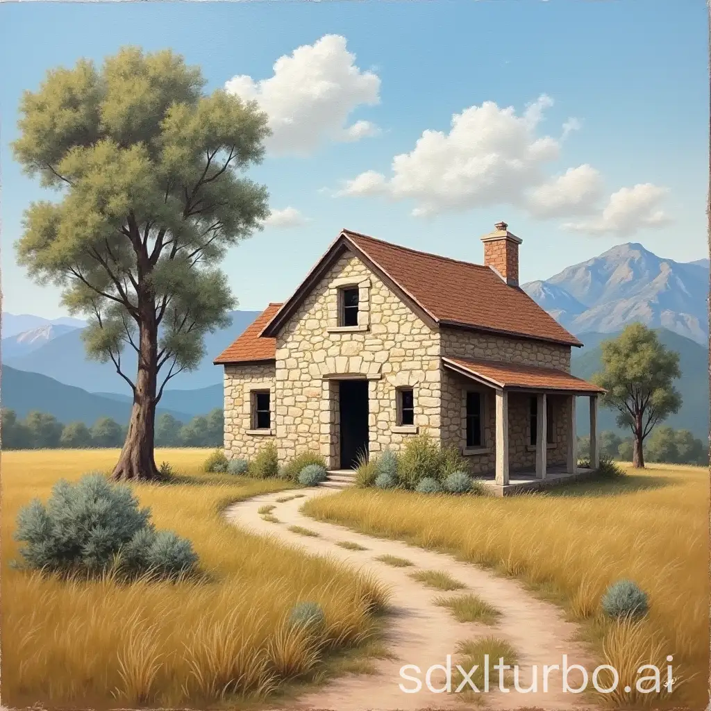 Realistic-Painting-of-an-Aging-Stone-Farm-House-with-Eucalyptus-Tree-and-Mountains