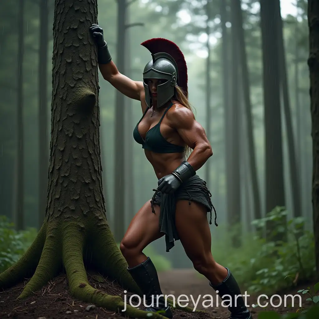 Muscular-Female-Bodybuilder-in-Spartan-Helmet-Uprooting-Tree-in-Rainy-Forest